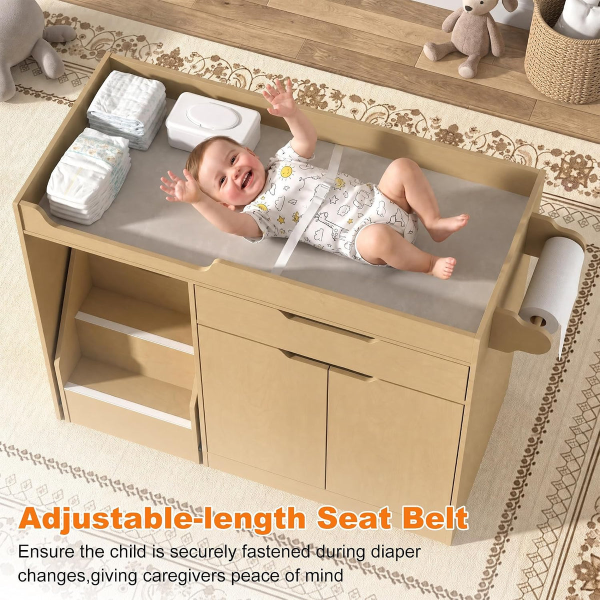 Baby Changing Table with Drawers & Storage, Diaper Changing Station with Stairs, Toddler Wooden Changing Table with Paper Roller for Daycare & Home, Oak