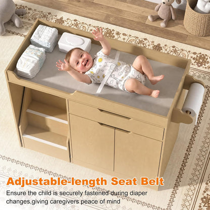 Baby Changing Table with Drawers & Storage, Diaper Changing Station with Stairs, Toddler Wooden Changing Table with Paper Roller for Daycare & Home, Oak