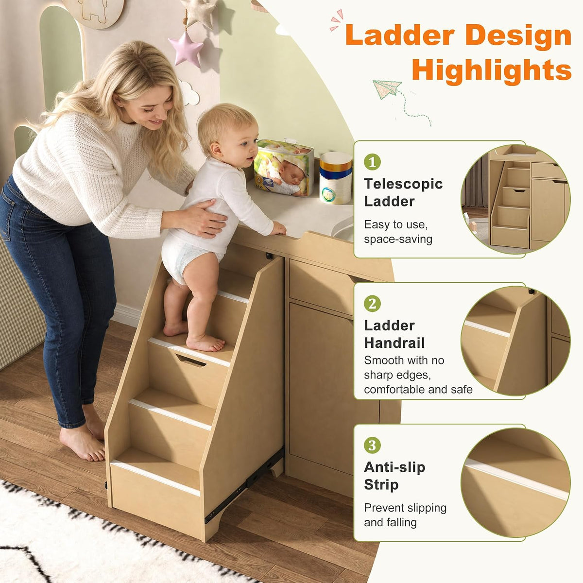 Baby Changing Table with Drawers & Storage, Diaper Changing Station with Stairs, Toddler Wooden Changing Table with Paper Roller for Daycare & Home, Oak