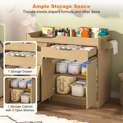 Baby Changing Table with Drawers & Storage, Diaper Changing Station with Stairs, Toddler Wooden Changing Table with Paper Roller for Daycare & Home, Oak