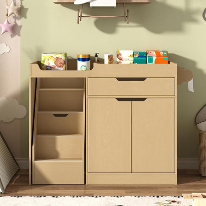 Baby Changing Table with Drawers & Storage, Diaper Changing Station with Stairs, Toddler Wooden Changing Table with Paper Roller for Daycare & Home, Oak
