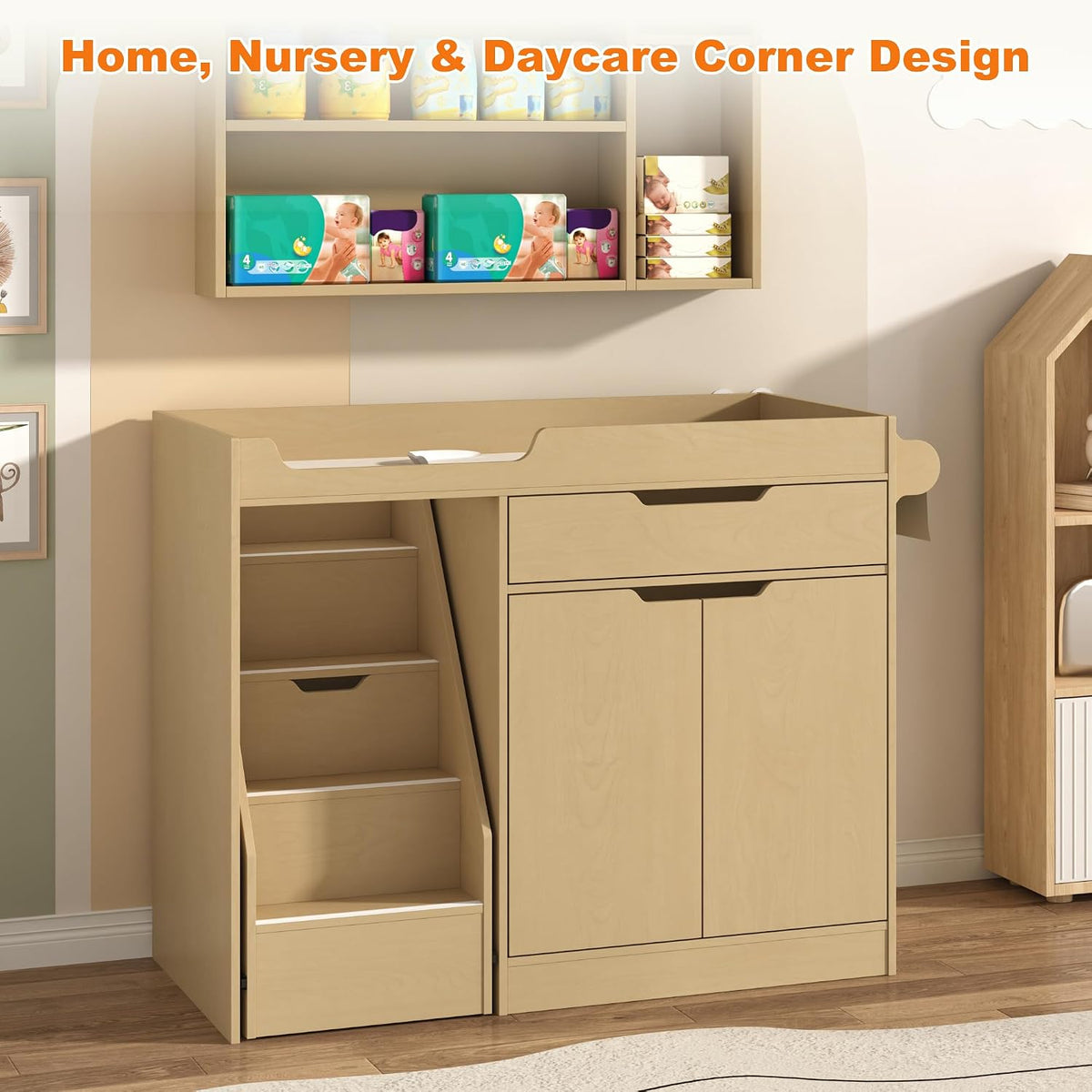 Baby Changing Table with Drawers & Storage, Diaper Changing Station with Stairs, Toddler Wooden Changing Table with Paper Roller for Daycare & Home, Oak