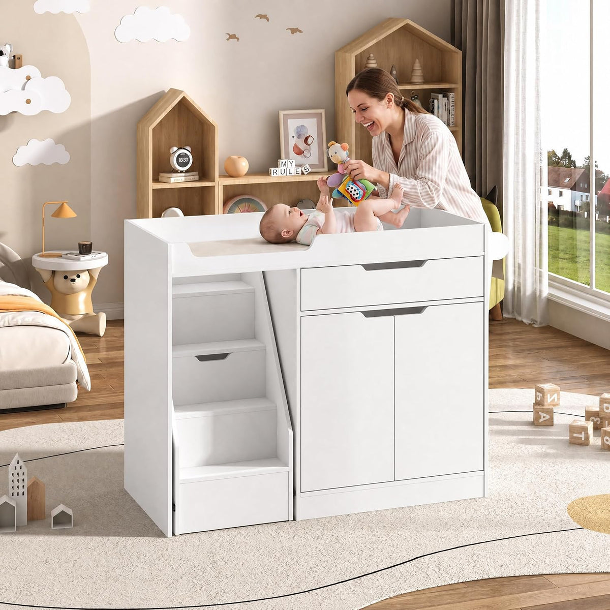 Baby Changing Table with Drawers & Storage, Diaper Changing Station with Stairs, Toddler Wooden Changing Table with Paper Roller for Daycare & Home, Oak