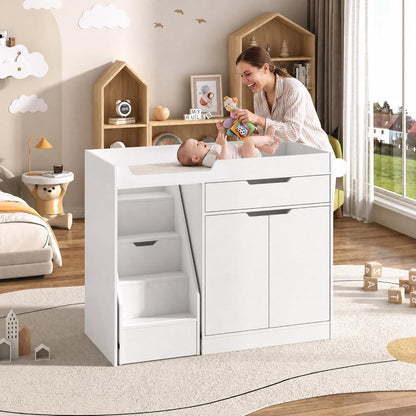 Baby Changing Table with Drawers & Storage, Diaper Changing Station with Stairs, Toddler Wooden Changing Table with Paper Roller for Daycare & Home, Oak