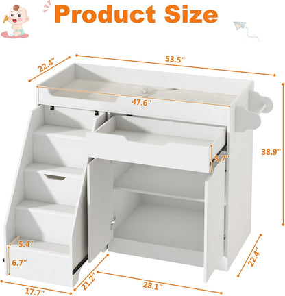 Baby Changing Table with Drawers & Storage, Diaper Changing Station with Stairs, Toddler Wooden Changing Table with Paper Roller for Daycare & Home, Oak