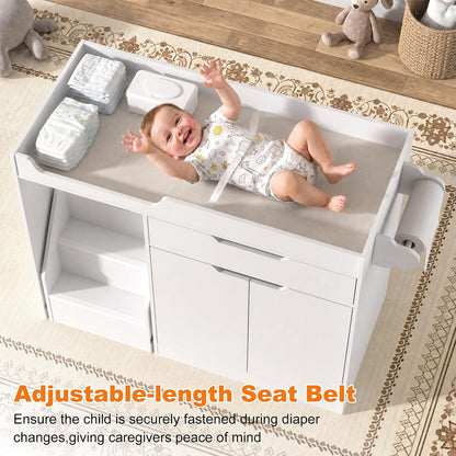 Baby Changing Table with Drawers & Storage, Diaper Changing Station with Stairs, Toddler Wooden Changing Table with Paper Roller for Daycare & Home, Oak