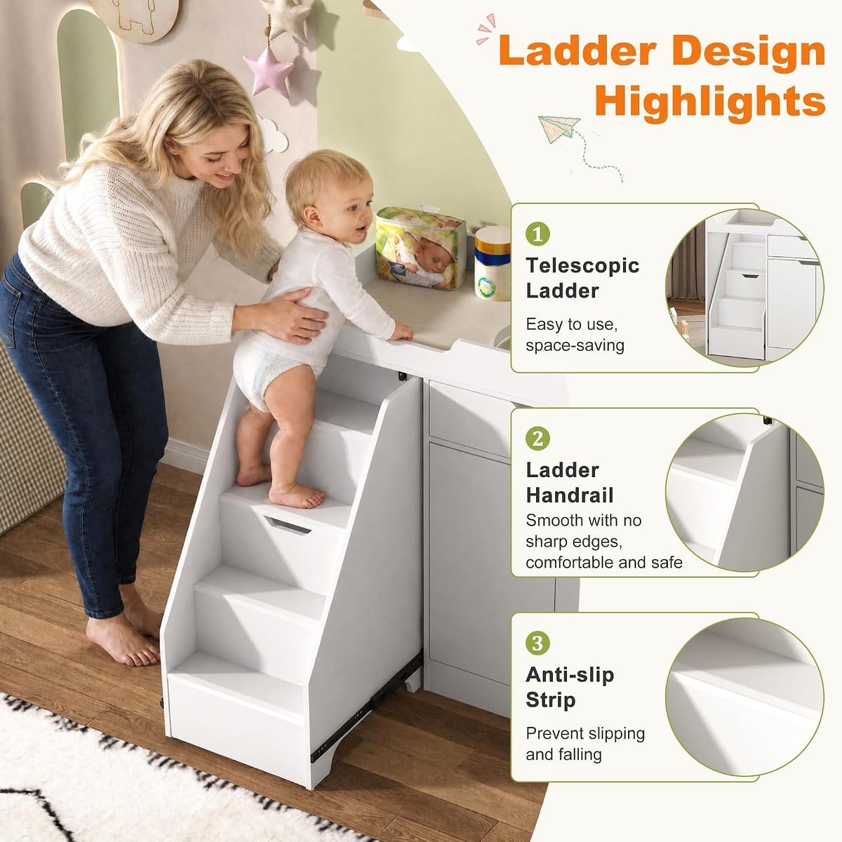 Baby Changing Table with Drawers & Storage, Diaper Changing Station with Stairs, Toddler Wooden Changing Table with Paper Roller for Daycare & Home, Oak