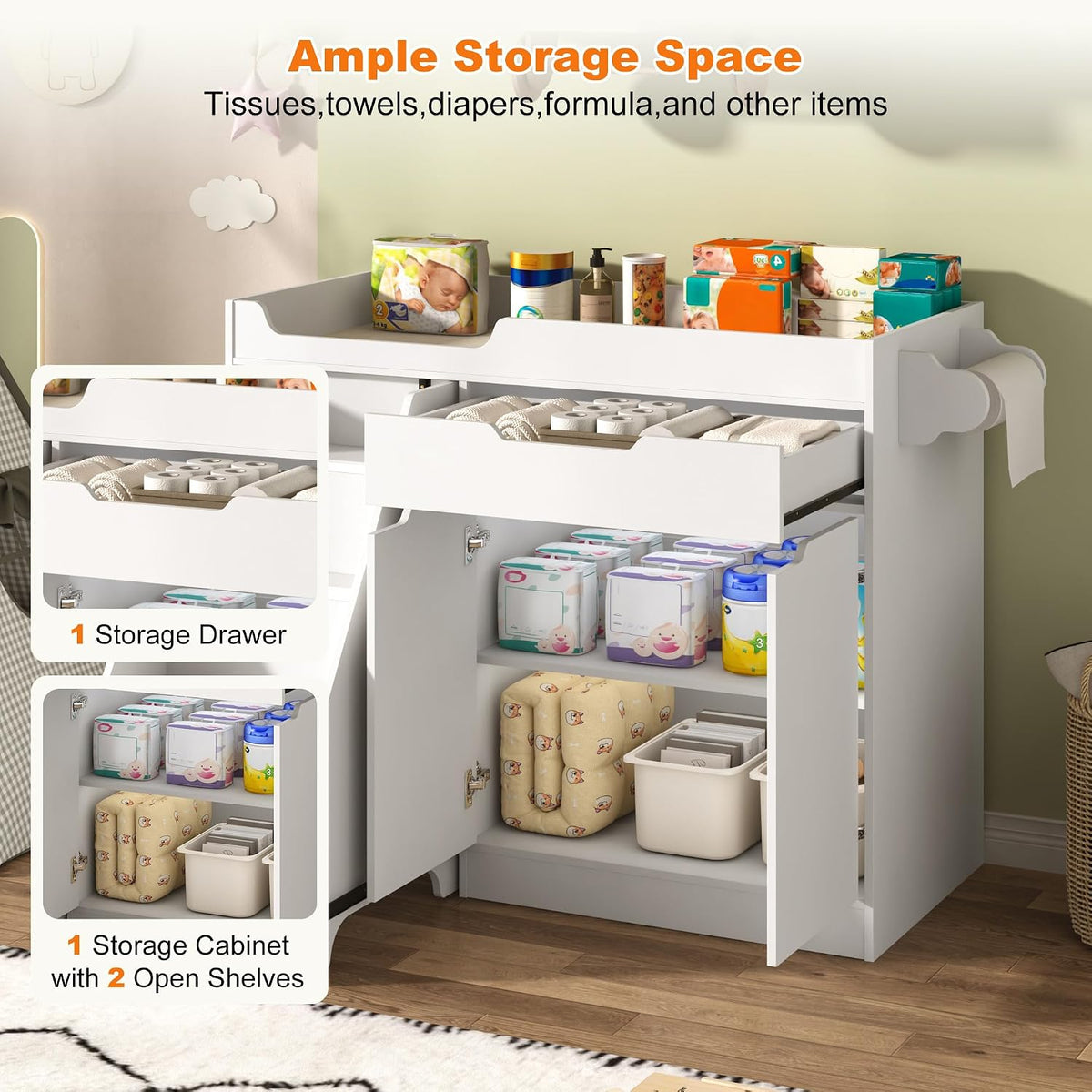 Baby Changing Table with Drawers & Storage, Diaper Changing Station with Stairs, Toddler Wooden Changing Table with Paper Roller for Daycare & Home, Oak