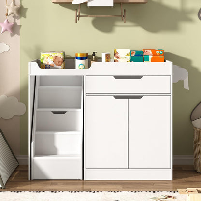 Baby Changing Table with Drawers & Storage, Diaper Changing Station with Stairs, Toddler Wooden Changing Table with Paper Roller for Daycare & Home, Oak