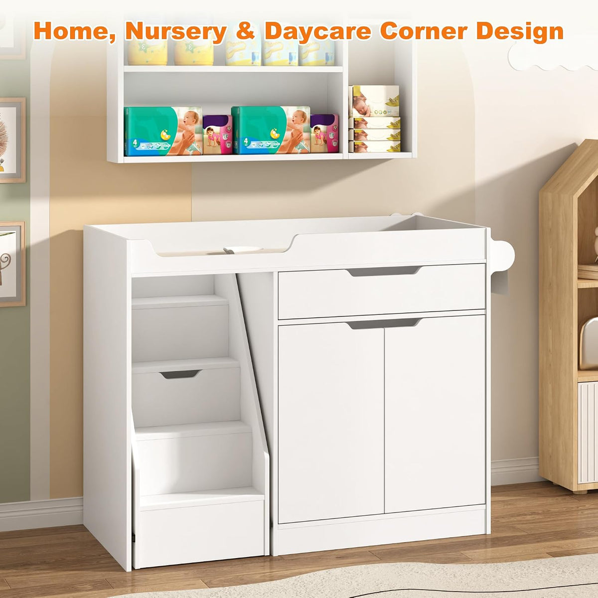 Baby Changing Table with Drawers & Storage, Diaper Changing Station with Stairs, Toddler Wooden Changing Table with Paper Roller for Daycare & Home, Oak