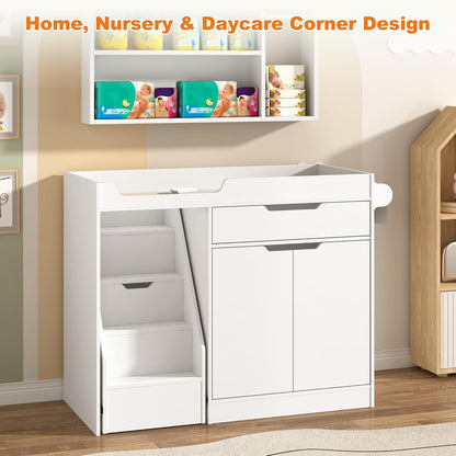 Baby Changing Table with Drawers & Storage, Diaper Changing Station with Stairs, Toddler Wooden Changing Table with Paper Roller for Daycare & Home, Oak