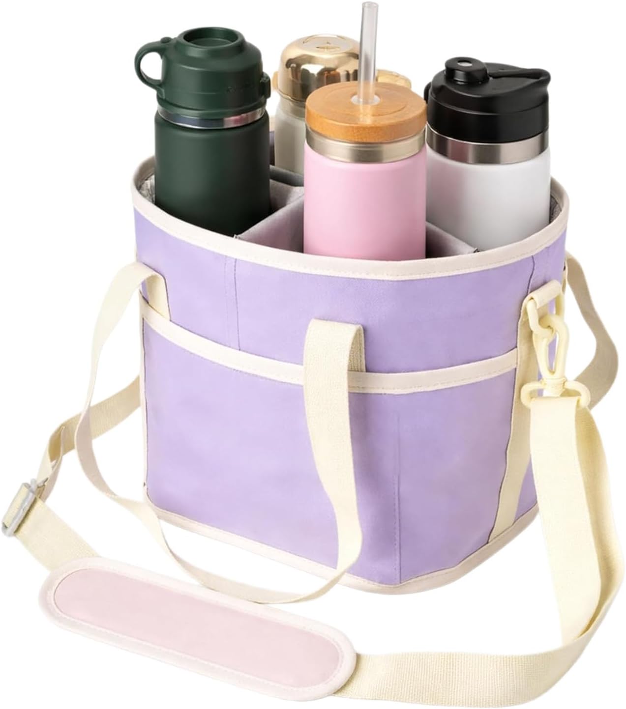 4 Compartment Insulated Drink Bag, Multiple Tumbler Carrier Caddy with Adjustable Strap, Drink Holder for Hiking, Sports & Family Outings (Pink)