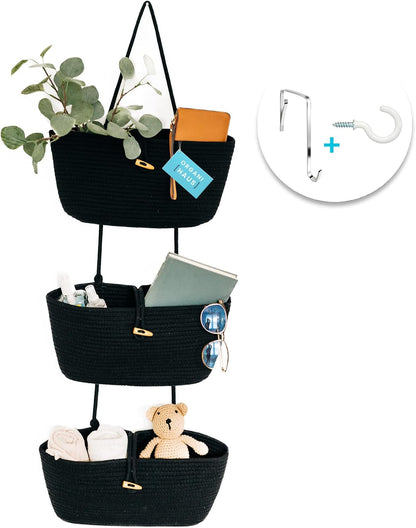 Over the Door Organizer, Woven Rope Hanging Baskets, 3-Tier