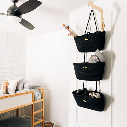 Over the Door Organizer, Woven Rope Hanging Baskets, 3-Tier
