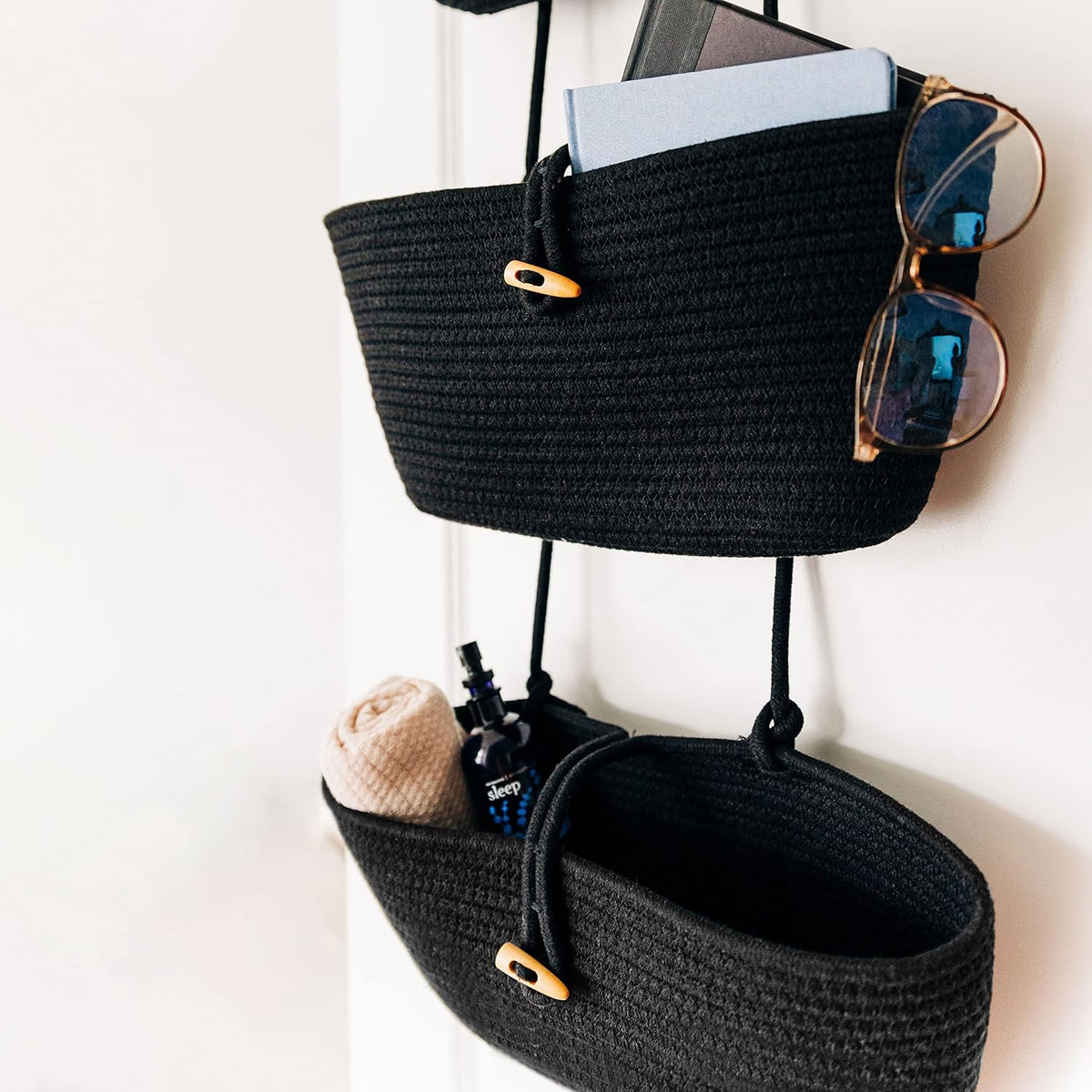 Over the Door Organizer, Woven Rope Hanging Baskets, 3-Tier