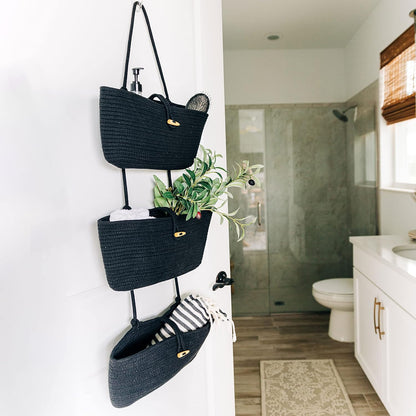 Over the Door Organizer, Woven Rope Hanging Baskets, 3-Tier
