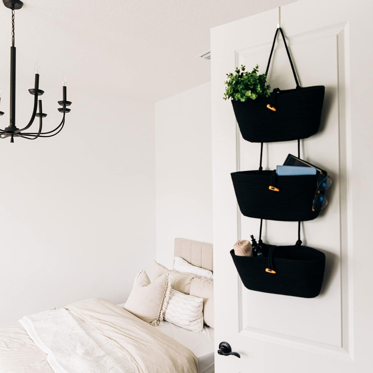 Over the Door Organizer, Woven Rope Hanging Baskets, 3-Tier