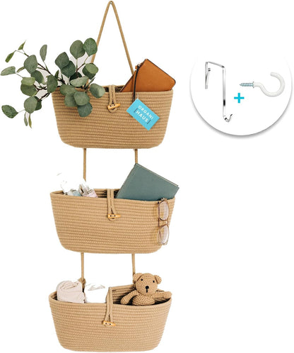 Over the Door Organizer, Woven Rope Hanging Baskets, 3-Tier
