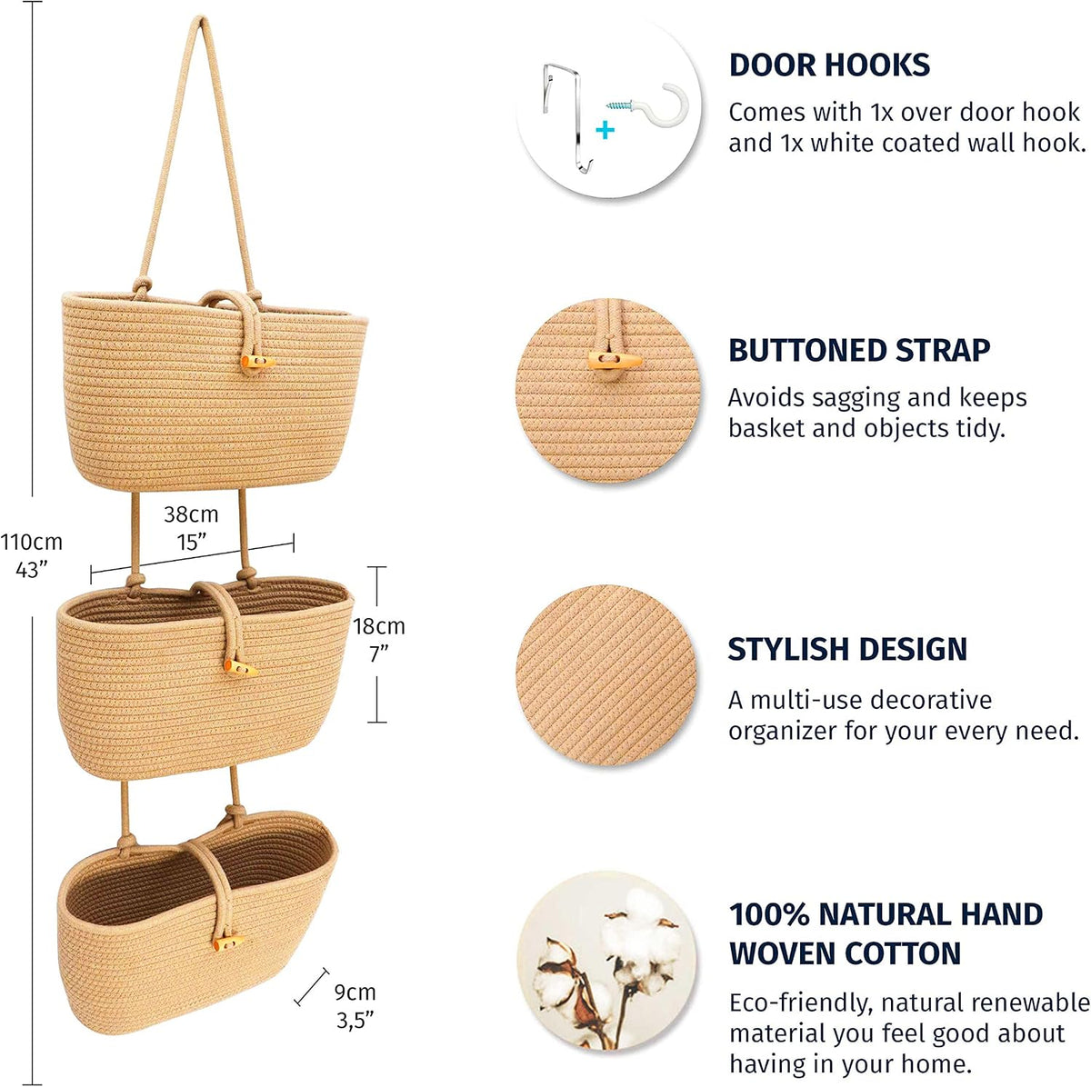 Over the Door Organizer, Woven Rope Hanging Baskets, 3-Tier