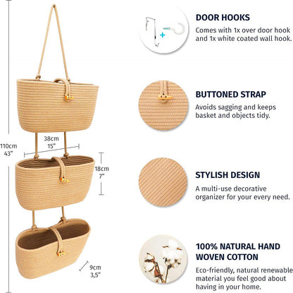 Over the Door Organizer, Woven Rope Hanging Baskets, 3-Tier