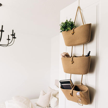 Over the Door Organizer, Woven Rope Hanging Baskets, 3-Tier