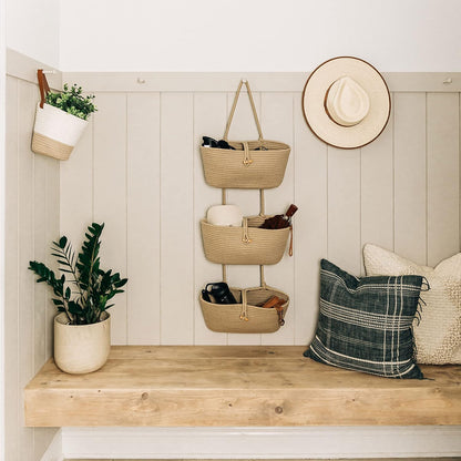 Over the Door Organizer, Woven Rope Hanging Baskets, 3-Tier