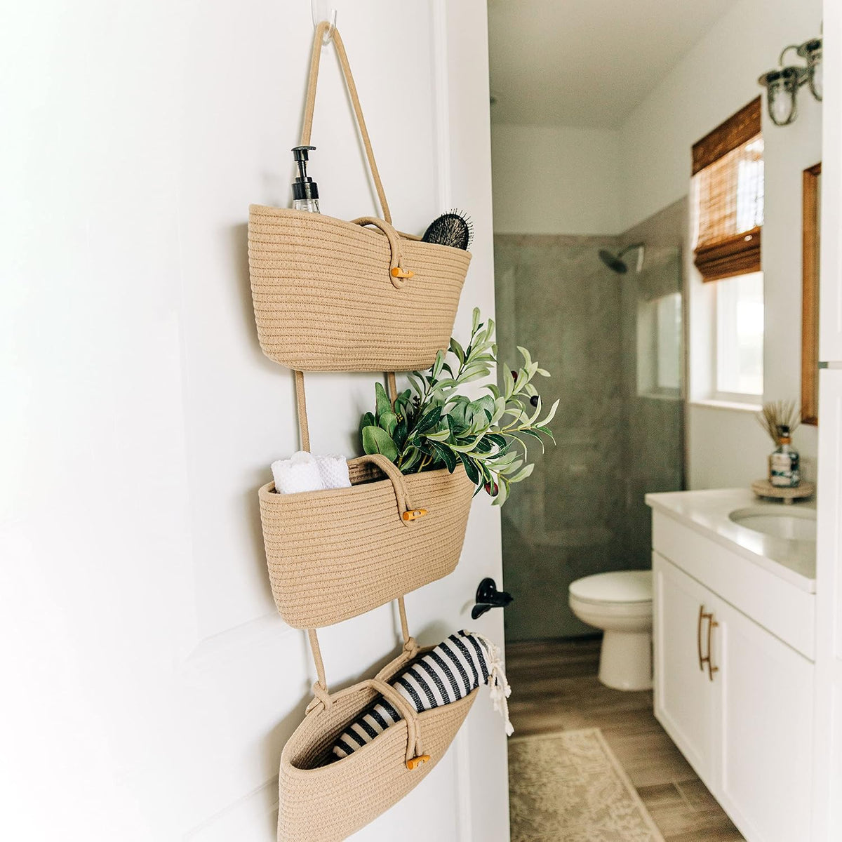 Over the Door Organizer, Woven Rope Hanging Baskets, 3-Tier