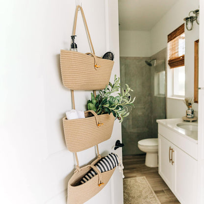 Over the Door Organizer, Woven Rope Hanging Baskets, 3-Tier