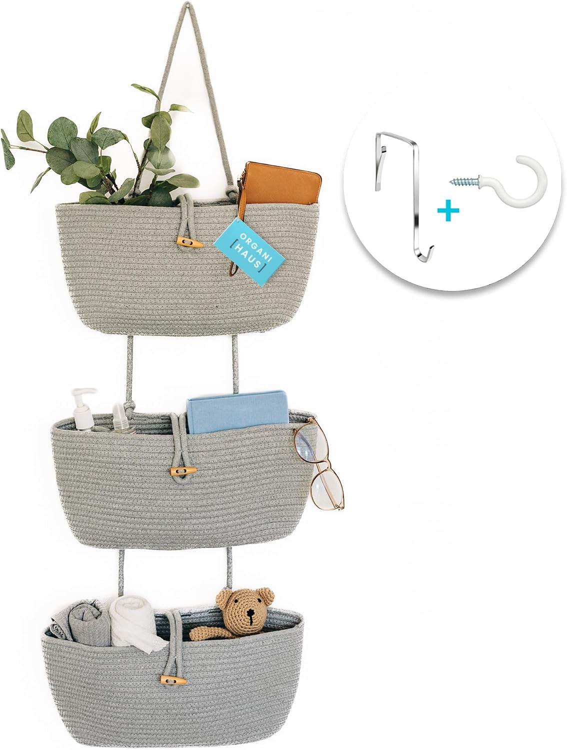 Over the Door Organizer, Woven Rope Hanging Baskets, 3-Tier