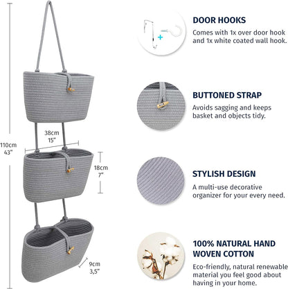 Over the Door Organizer, Woven Rope Hanging Baskets, 3-Tier