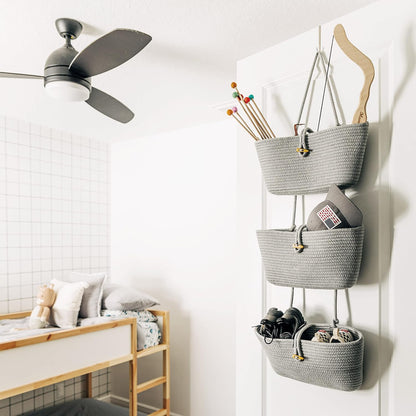 Over the Door Organizer, Woven Rope Hanging Baskets, 3-Tier
