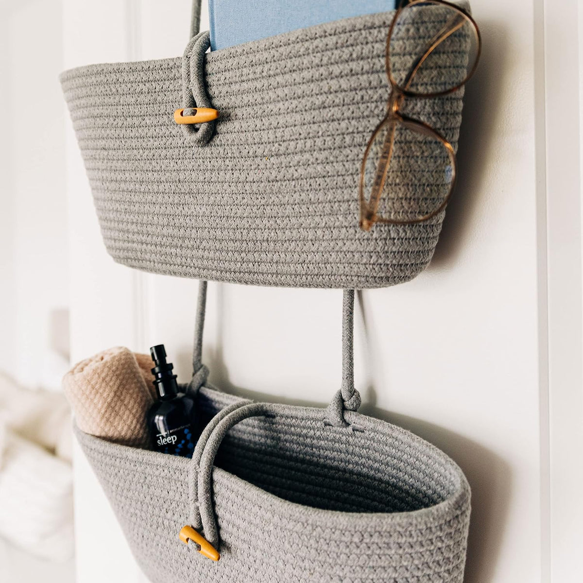 Over the Door Organizer, Woven Rope Hanging Baskets, 3-Tier
