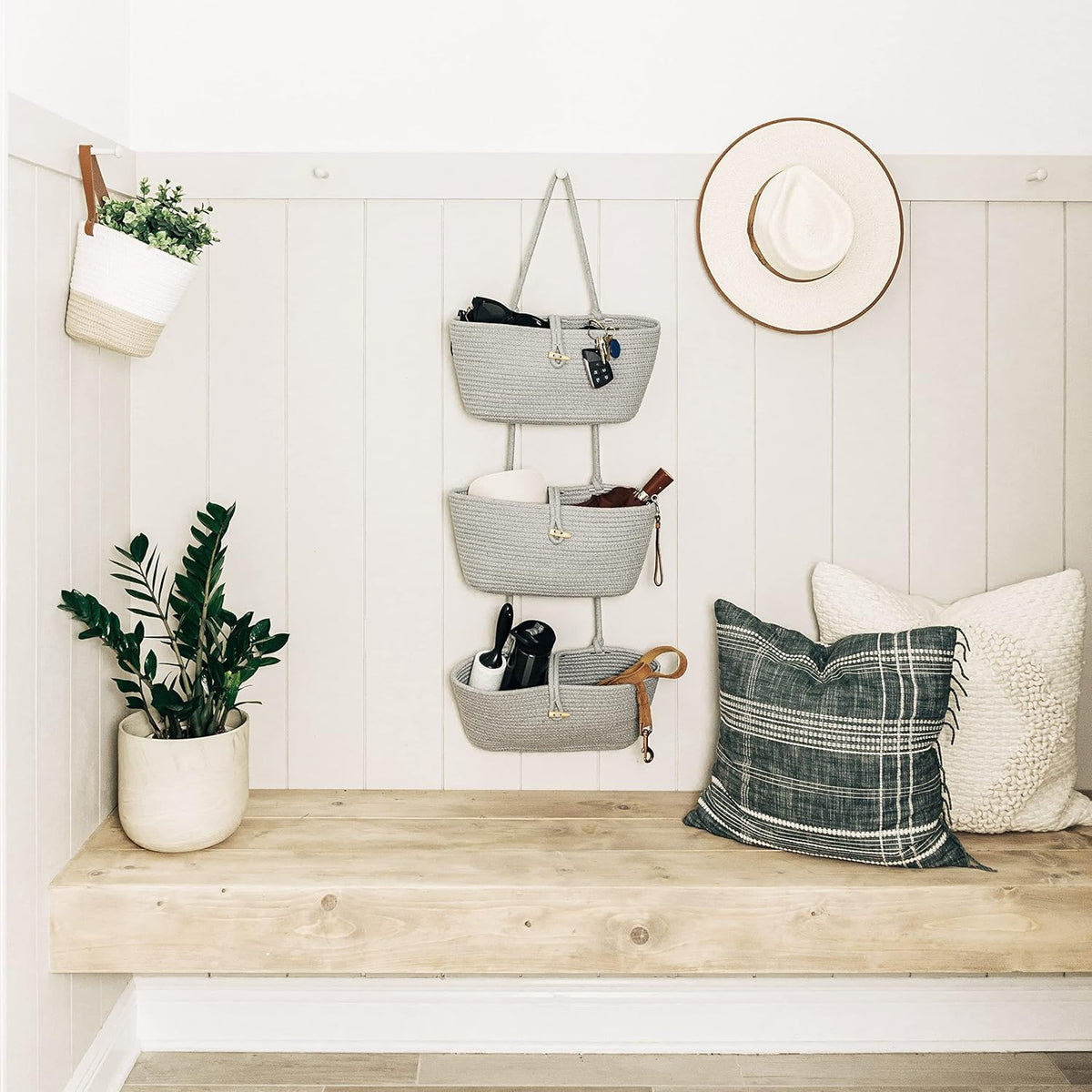 Over the Door Organizer, Woven Rope Hanging Baskets, 3-Tier