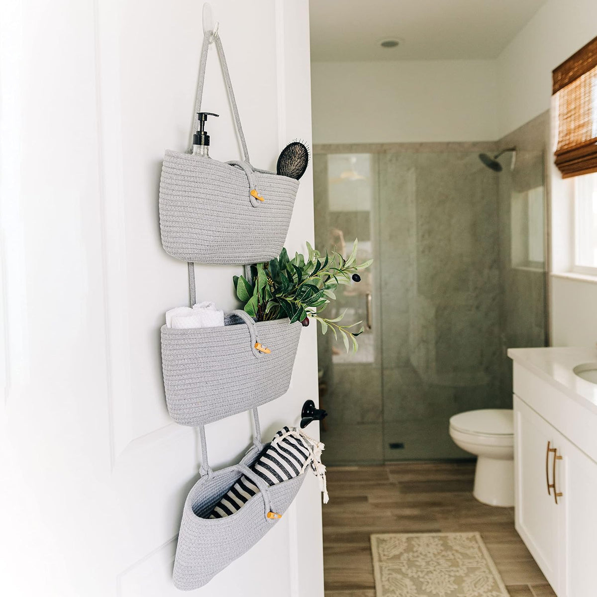 Over the Door Organizer, Woven Rope Hanging Baskets, 3-Tier