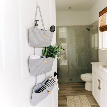 Over the Door Organizer, Woven Rope Hanging Baskets, 3-Tier
