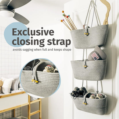 Over the Door Organizer, Woven Rope Hanging Baskets, 3-Tier