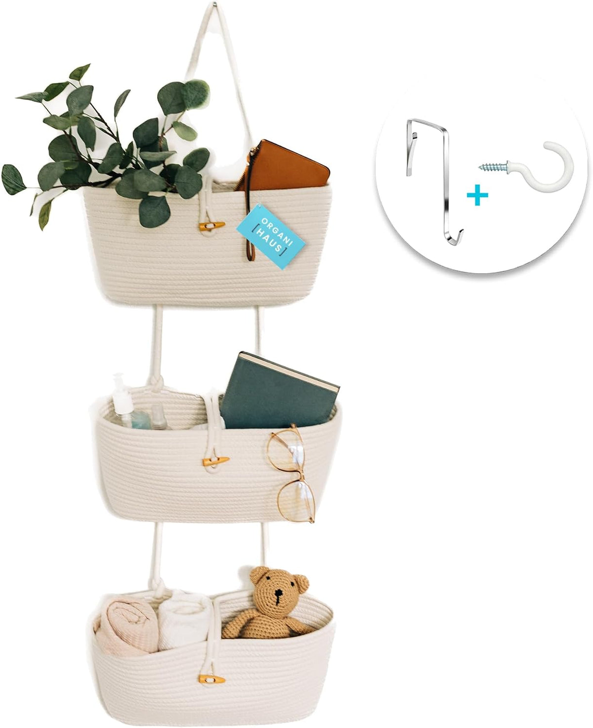 Over the Door Organizer, Woven Rope Hanging Baskets, 3-Tier
