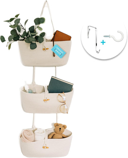 Over the Door Organizer, Woven Rope Hanging Baskets, 3-Tier