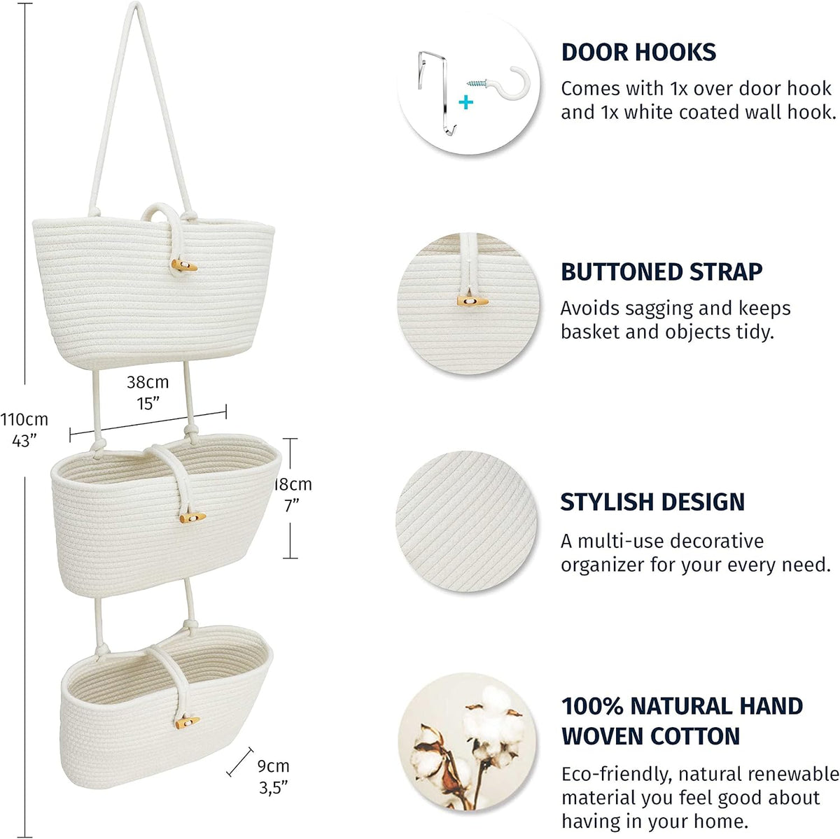Over the Door Organizer, Woven Rope Hanging Baskets, 3-Tier