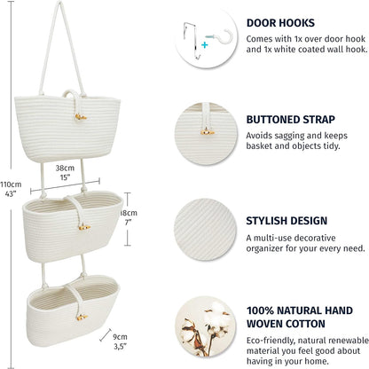 Over the Door Organizer, Woven Rope Hanging Baskets, 3-Tier