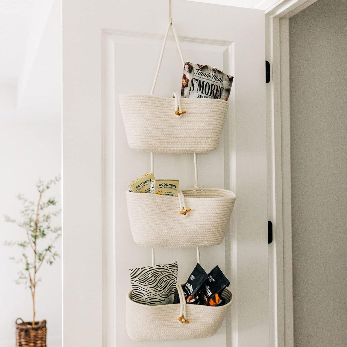 Over the Door Organizer, Woven Rope Hanging Baskets, 3-Tier