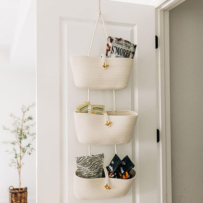 Over the Door Organizer, Woven Rope Hanging Baskets, 3-Tier