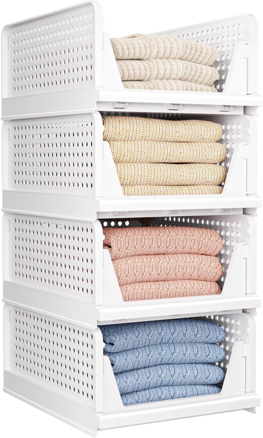 Folding Closet Organizers Storage Box, Stackable Storage Bins, Plastic Drawer Basket Closet Storage for Wardrobe Cupboard Kitchen Bathroom Office White-4L