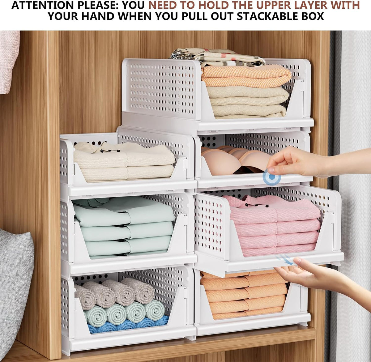 Folding Closet Organizers Storage Box, Stackable Storage Bins, Plastic Drawer Basket Closet Storage for Wardrobe Cupboard Kitchen Bathroom Office White-4L