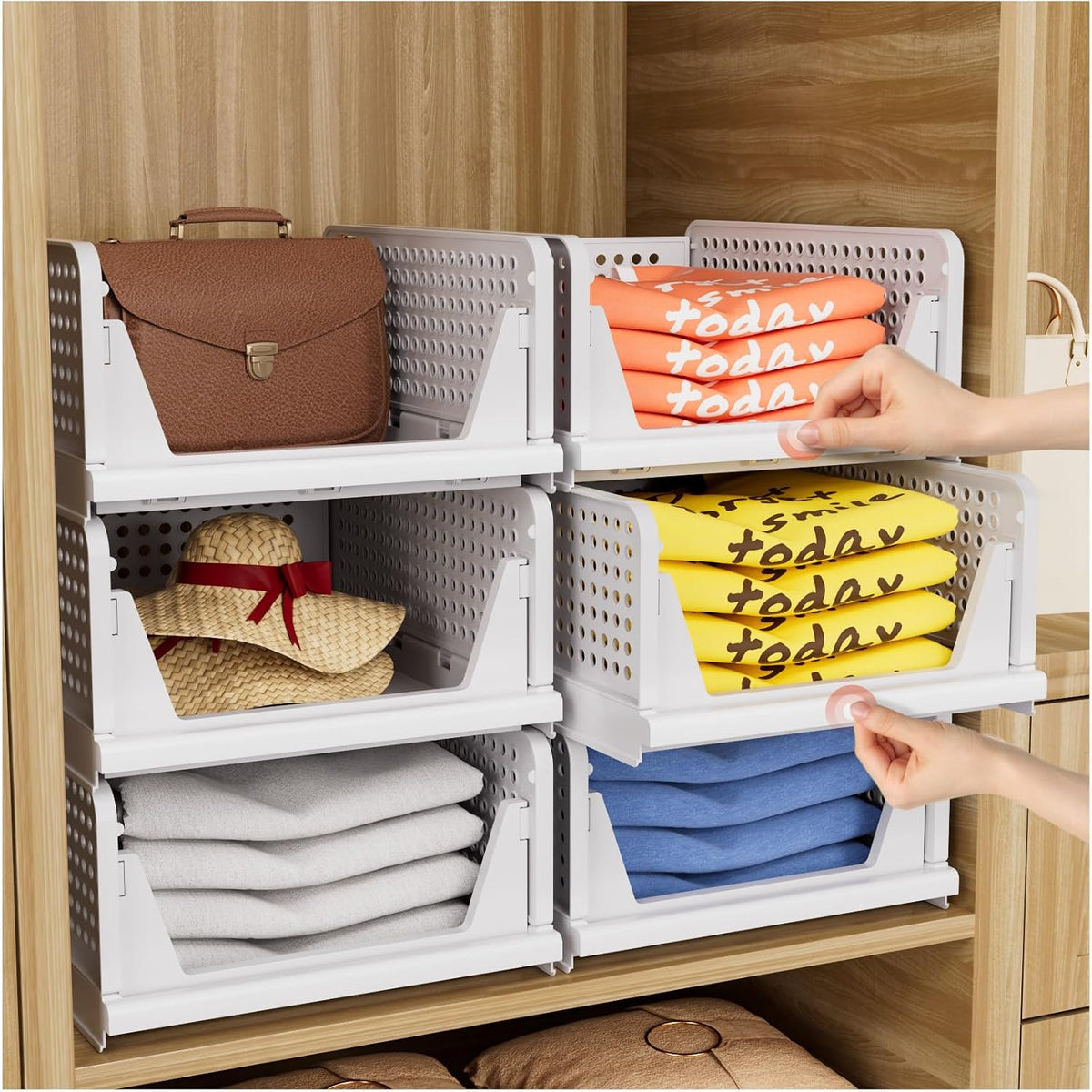 Folding Closet Organizers Storage Box, Stackable Storage Bins, Plastic Drawer Basket Closet Storage for Wardrobe Cupboard Kitchen Bathroom Office White-4L
