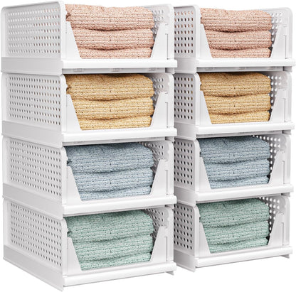 Folding Closet Organizers Storage Box, Stackable Storage Bins, Plastic Drawer Basket Closet Storage for Wardrobe Cupboard Kitchen Bathroom Office White-4L