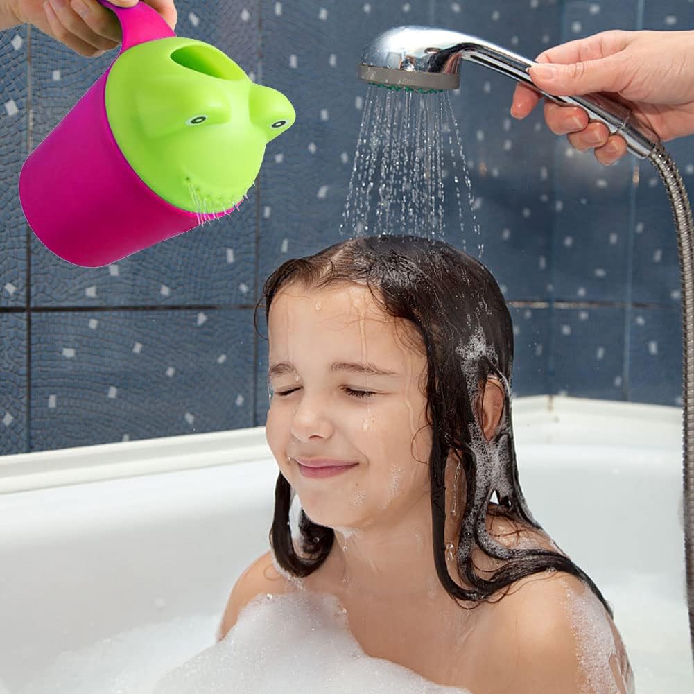 Rinse Shampoo Rinser Baby Bath Rinse Cup Baby Wash Hair Cup by Protecting Infant Eyes, Newborn Cartoon Frog Shower Sprinkler Clean Hair Body Wash Shampoo Spoon Tub (Rose Red)