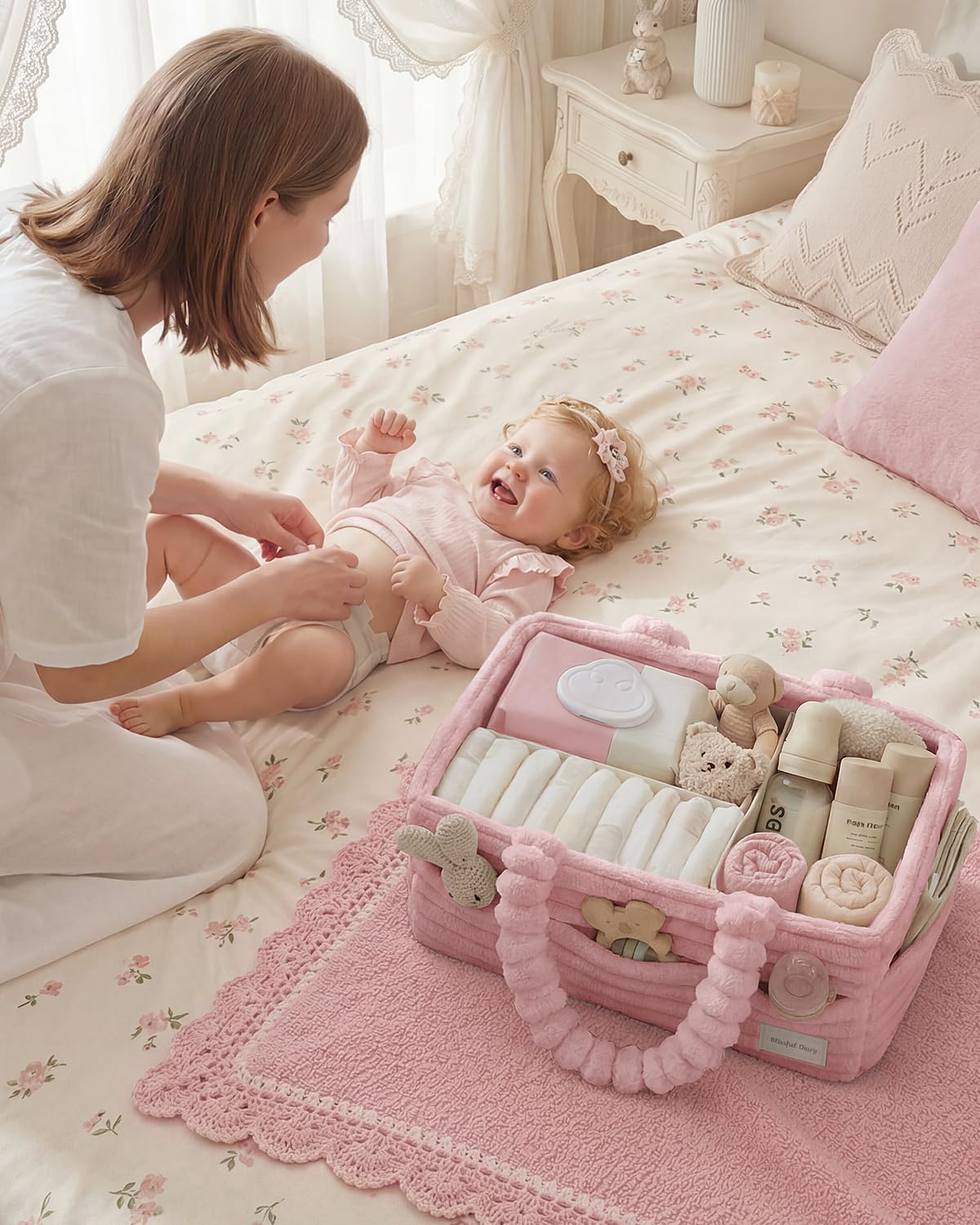 Flannel Diaper Caddy Organizer & Gift Packaging, Blush Pink