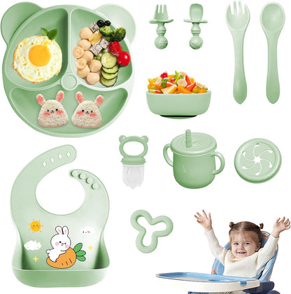 Silicone Baby Feeding Set, 11 Pcs Baby Led Weaning Supplies, Baby Spoons & Forks Suction Bowl Divided Plate Bib Cup, First Stage Solid Food Eating Utensils - 6+ Months (Green)