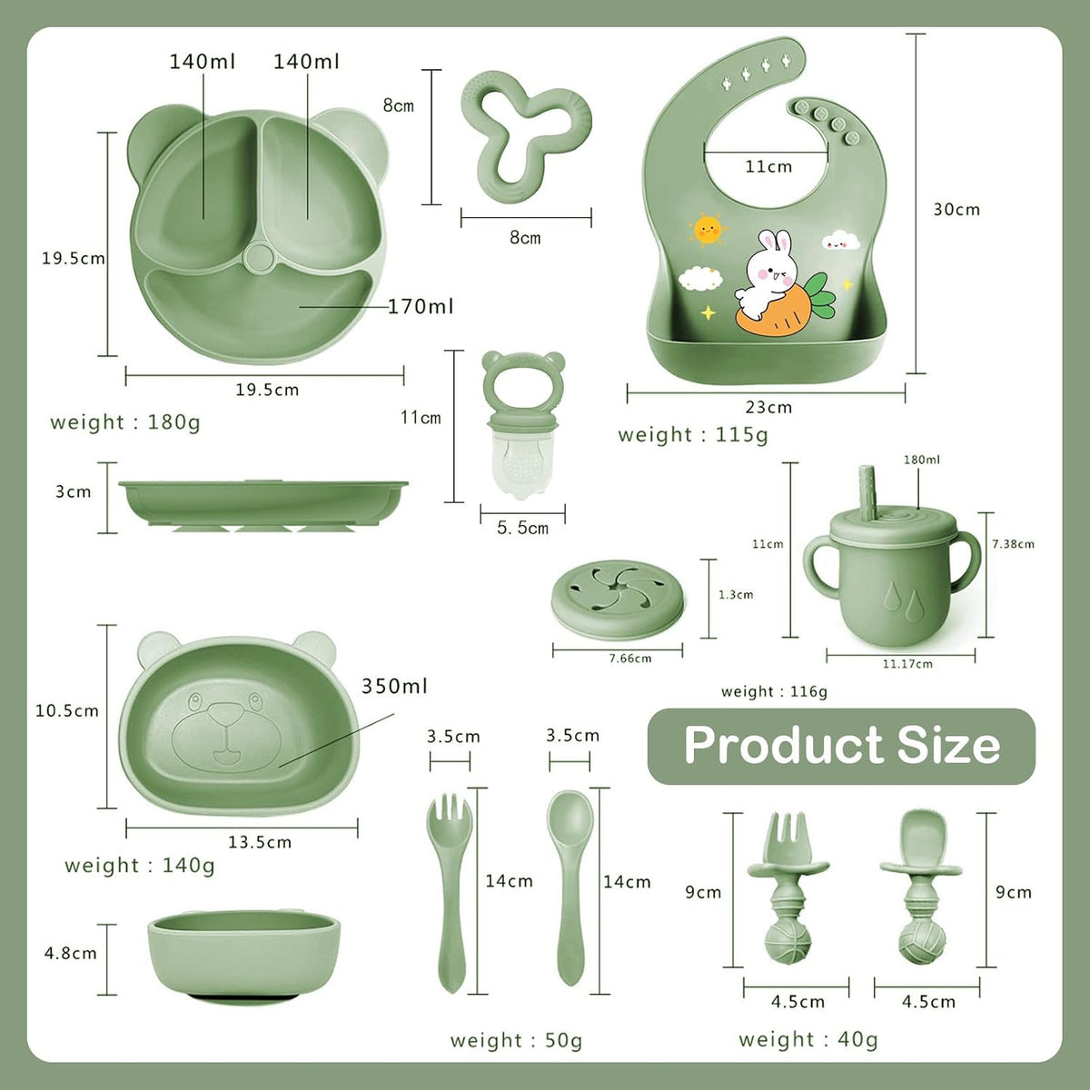 Silicone Baby Feeding Set, 11 Pcs Baby Led Weaning Supplies, Baby Spoons & Forks Suction Bowl Divided Plate Bib Cup, First Stage Solid Food Eating Utensils - 6+ Months (Green)